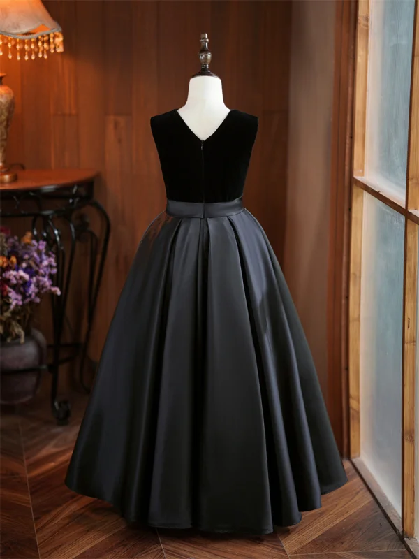 Chic / Beautiful Black Birthday Flower Girl Dresses 2024 A-Line / Princess V-Neck Sleeveless Backless Floor-Length / Long