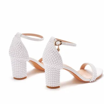 Sexy Abrikoos Beige Parel Bruidsschoenen 2022 7 Cm Dikke Hak Peep Toe Huwelijk Sandalen Hoge Hakken