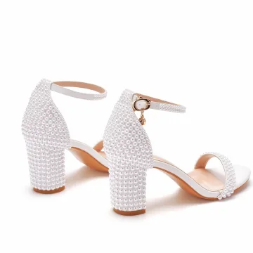 Sexy Beige Perle Chaussure De Mariée 2022 7 Cm Talons Épais Peep Toes Bout Ouvert Mariage Sandales Talons Hauts