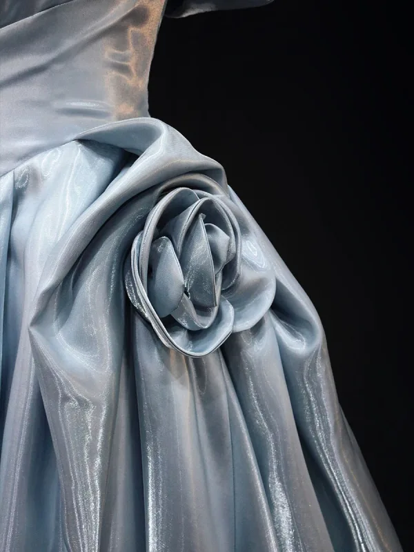 Fashion Sky Blue Ball Gown Prom Dresses 2025 Off-The-Shoulder Short Sleeve Backless Sweep Train Prom Formal Dresses