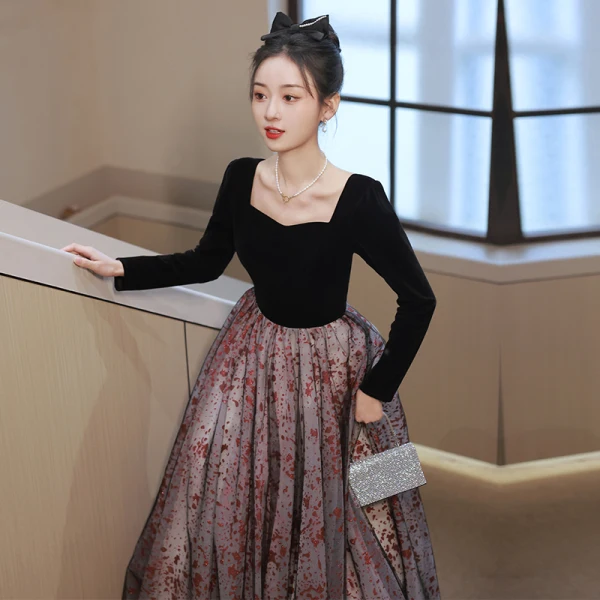 Elegant Black Evening Dresses 2023 A-Line / Princess Square Neckline Long Sleeve Backless Floor-Length / Long Evening Party Formal Dresses