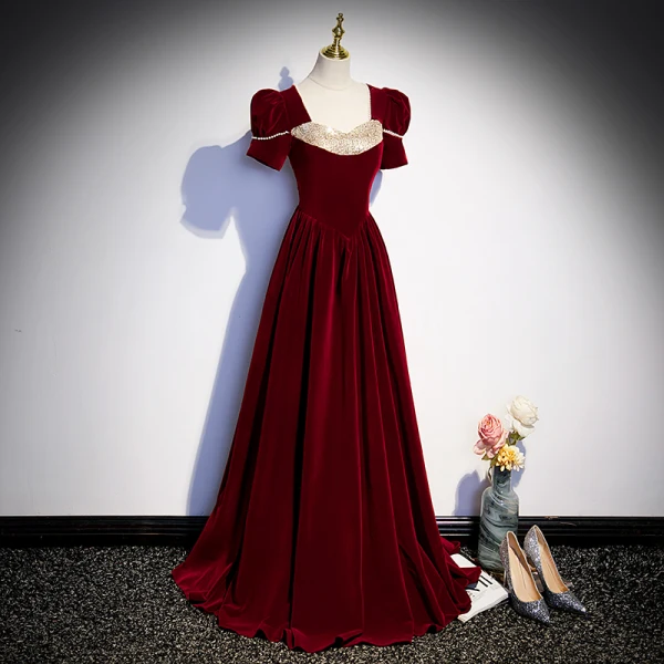 Elegant Burgundy Pearl Sequins Suede Prom Dresses 2023 A-Line / Princess Square Neckline Short Sleeve Floor-Length / Long Prom Formal Dresses