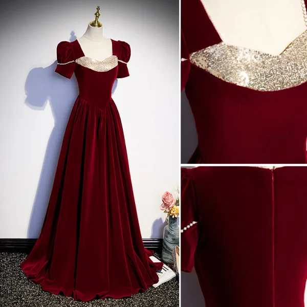 Elegant Burgundy Pearl Sequins Suede Prom Dresses 2023 A-Line / Princess Square Neckline Short Sleeve Floor-Length / Long Prom Formal Dresses