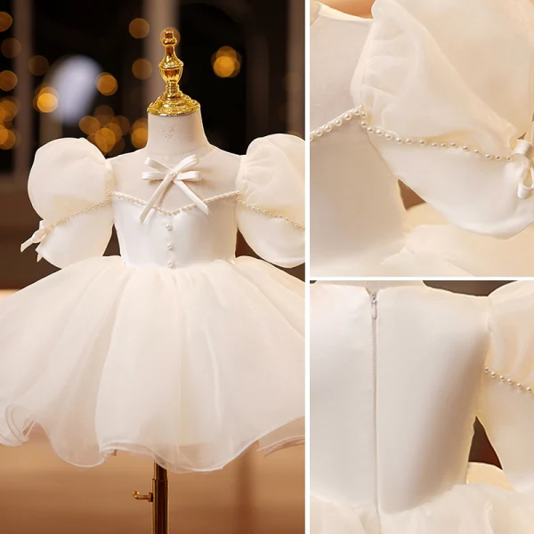 Elegant Beige Pearl Bow Birthday Flower Girl Dresses 2022 Ball Gown Scoop Neck Puffy Short Sleeve Short Flower Girl Dresses