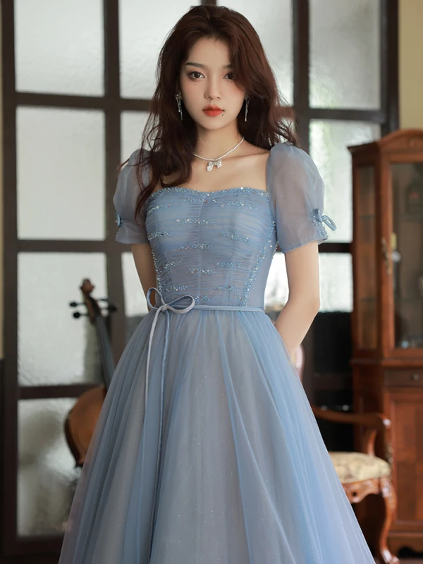 Simple Bleu Ciel Robe De Bal 2023 Princesse Encolure Carrée Manches Courtes Dos Nu Noeud Ceinture Longue Promo Robe De Ceremonie