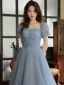 Simple Bleu Ciel Robe De Bal 2023 Princesse Encolure Carrée Manches Courtes Dos Nu Noeud Ceinture Longue Promo Robe De Ceremonie