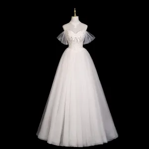 Modest Simple Light White Beading Pearl Lace Flower Wedding Dresses 2025 A Line Princess Off The Shoulder Short Sleeve Backless Floor Length Long Wedding