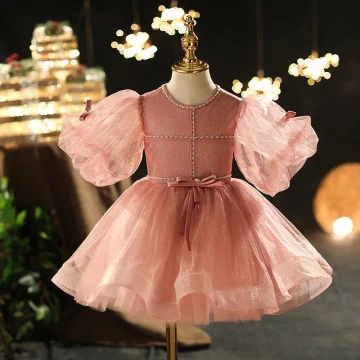 Chic Belle Perle Rose Perlage Perle Paillettes Anniversaire Robe Ceremonie Fille 2022 Robe Boule Encolure Dégagée Gonflée Manches Courtes Longue Robe Ceremonie Fille