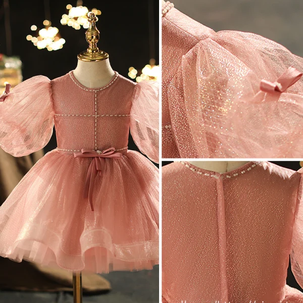 Chic / Beautiful Pearl Pink Beading Pearl Sequins Birthday Flower Girl Dresses 2022 Ball Gown Scoop Neck Puffy Short Sleeve Floor-Length / Long Flower Girl Dresses
