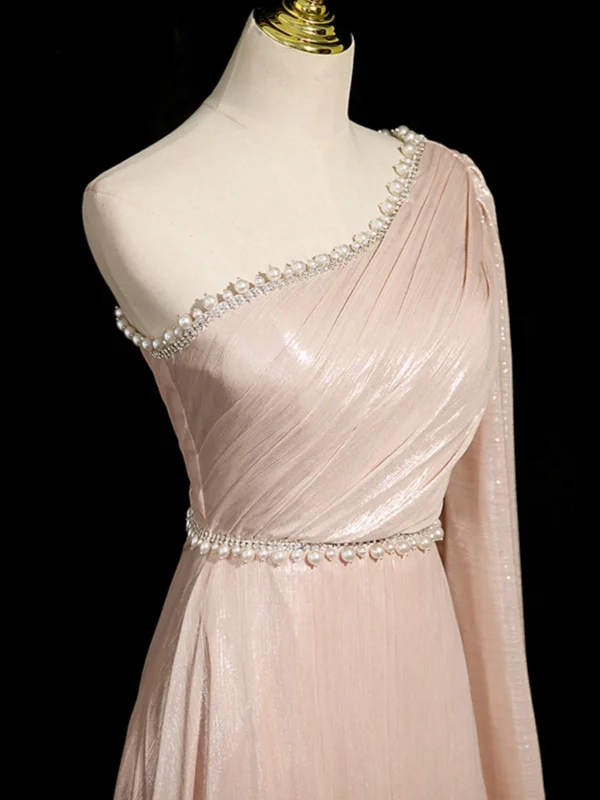 Chic / Beautiful Blushing Pink Pearl Rhinestone Prom Dresses 2024 A-Line / Princess One-Shoulder Sleeveless Backless Floor-Length / Long Prom Formal Dresses