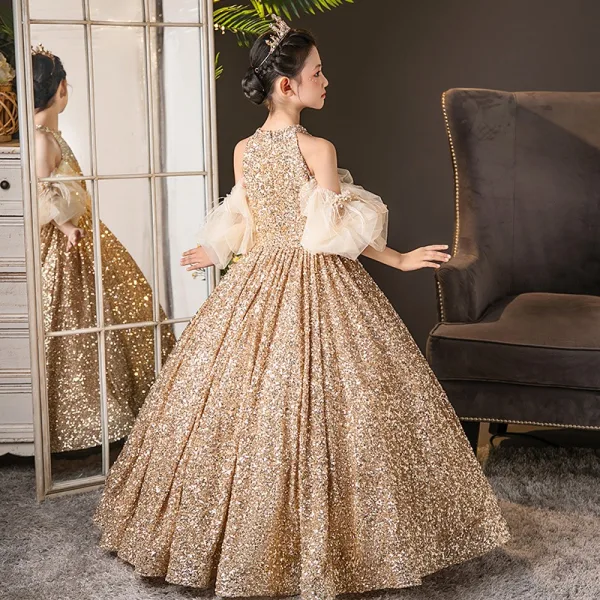 Sparkly Gold Sequins Birthday Sweep Train Flower Girl Dresses 2025 Ball Gown High Neck Short Sleeve