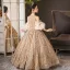 Sparkly Gold Sequins Birthday Sweep Train Flower Girl Dresses 2025 Ball Gown High Neck Short Sleeve