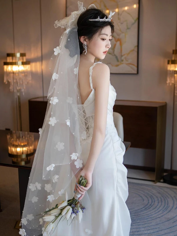 Charmant Légère Blanche En Dentelle Fleur Satin Robe De Mariée 2024 Trompette / Sirène Bretelles Spaghetti Sans Manches Dos Nu Train De Balayage Mariage