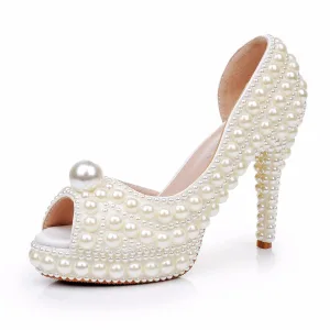 Eleganta Aprikos Beige Pärla Brudskor 2024 11 Cm Stilettklackar Peep Toe Bröllop Sandaler Högklackade