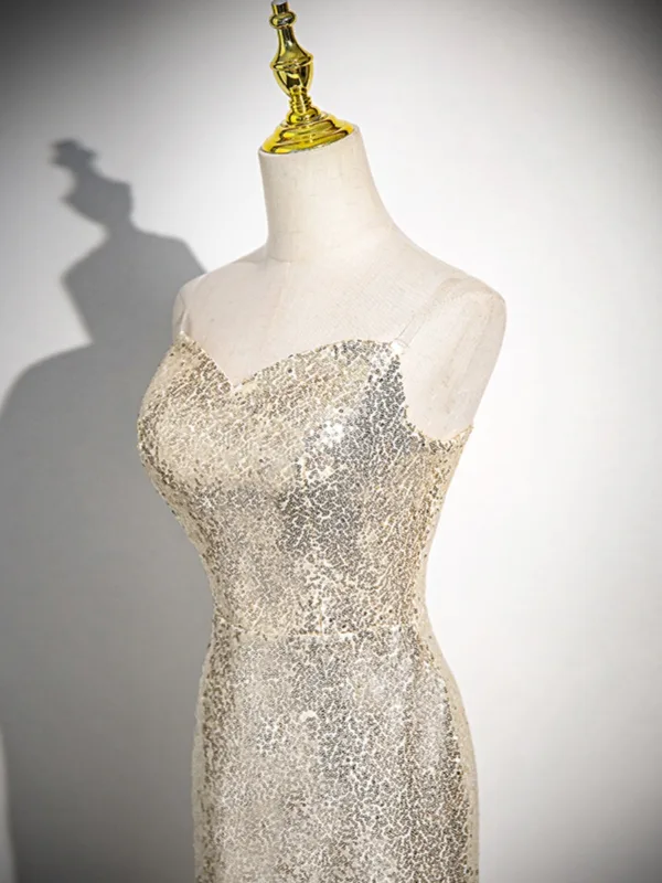 Sexy Glitzernden Champagner Pailletten Abendkleider 2024 Meerjungfrau Spaghettiträger Ärmellos Rückenfreies Lange Abend Festliche Kleider