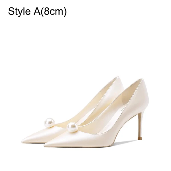 Élégant Ivoire Satin Perle Chaussure De Mariée 2024 8 cm Talons Aiguilles À Bout Pointu Mariage Escarpins Talons Hauts