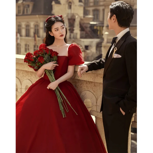 Charming Burgundy Engagement Prom Dresses 2023 A-Line / Princess Square Neckline Puffy Short Sleeve Floor-Length / Long Formal Dresses