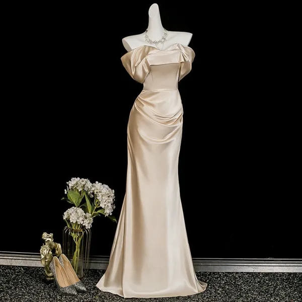 rent formal dress Light Champagne Tulle Off Shoulder Long Formal Dress, A-line Prom Dres –  Cutedressy main image 0