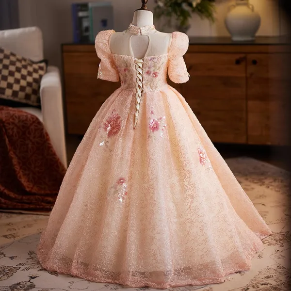 Chic / Beautiful Blushing Pink Beading Sequins Lace Flower Birthday Flower Girl Dresses 2025 Ball Gown High Neck Short Sleeve Backless Floor-Length / Long Tulle