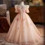 Chic / Beautiful Blushing Pink Beading Sequins Lace Flower Birthday Flower Girl Dresses 2025 Ball Gown High Neck Short Sleeve Backless Floor-Length / Long Tulle