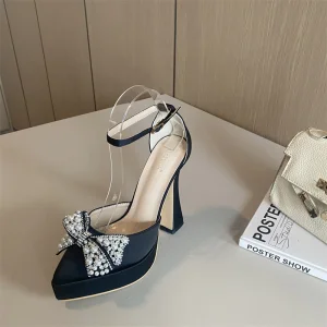 Sexy Noire Faux Diamant Perle Noeud Soirée Chaussures Femmes 2023 Bride Cheville 13 Cm Talons Aiguilles À Bout Pointu Chaussures Femmes Talons Hauts