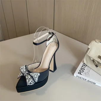 Sexy Noire Faux Diamant Perle Noeud Soirée Chaussures Femmes 2023 Bride Cheville 13 Cm Talons Aiguilles À Bout Pointu Chaussures Femmes Talons Hauts