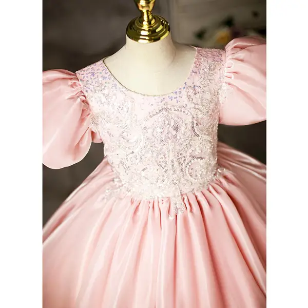Lovely Candy Pink Beading Sequins Birthday Flower Girl Dresses 2022 Ball Gown Scoop Neck Puffy Short Sleeve Floor-Length / Long Flower Girl Dresses