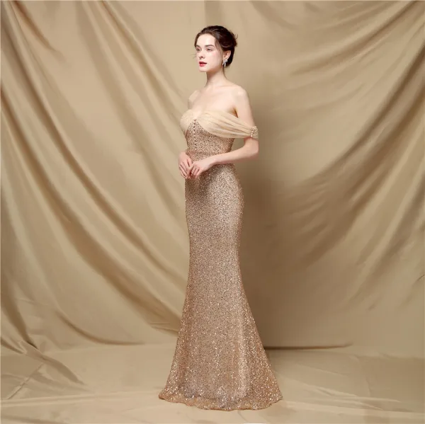 Charming Gold Sequins Evening Dresses 2022 Trumpet / Mermaid Off-The-Shoulder Sleeveless Backless Floor-Length / Long Evening Party Formal Dresses