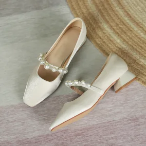 Chic Beautiful Beige Prom Pearl Pumps 2023 Satin 3 Cm Low Heel Thick Heels Square Toe Pumps High Heels