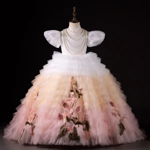 Chic Belle Dégradé De Couleur Rougissant Rose Appliques Volants En Cascade Anniversaire Robe Ceremonie Fille 2024 Robe Boule Perle Col Haut Gonflée Manches Courtes Longue