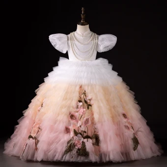 Chic Beautiful Gradient Color Blushing Pink Appliques Cascading Ruffles Birthday Flower Girl Dresses 2024 Ball Gown Pearl High Neck Puffy Short Sleeve Floor Length Long