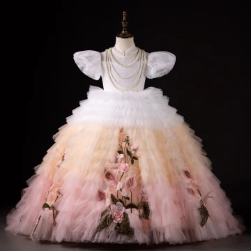 Chic Beautiful Gradient Color Blushing Pink Appliques Cascading Ruffles Birthday Flower Girl Dresses 2024 Ball Gown Pearl High Neck Puffy Short Sleeve Floor Length Long