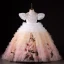 Chic / Beautiful Gradient-Color Blushing Pink Appliques Cascading Ruffles Birthday Flower Girl Dresses 2024 Ball Gown Pearl High Neck Puffy Short Sleeve Floor-Length / Long