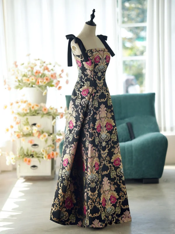 Vintage / Retro Black Printing Prom Dresses 2024 A-Line / Princess Spaghetti Straps Sleeveless Backless Floor-Length / Long Prom Formal Dresses