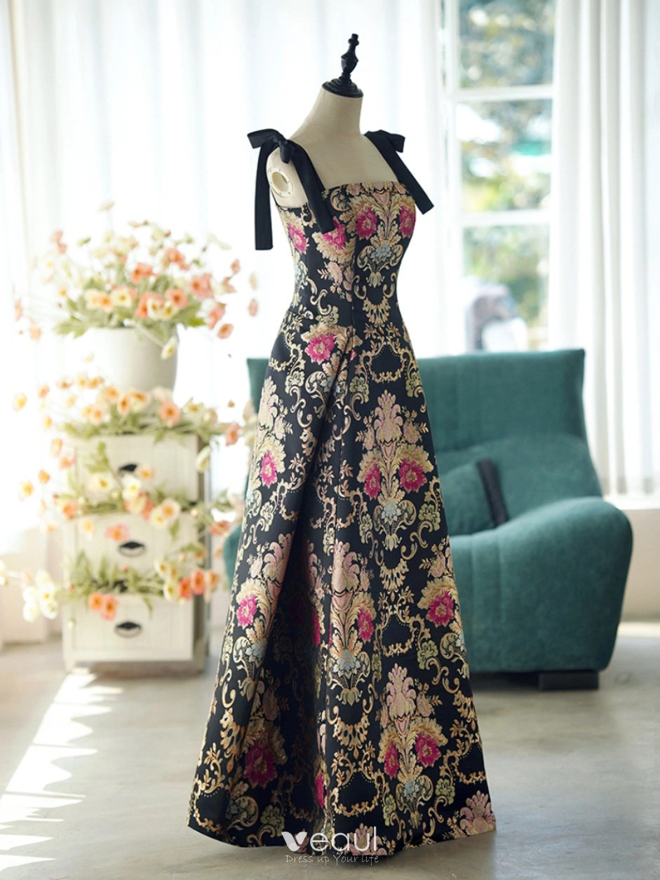 Spaghetti Straps Long Print Black A-line Prom Dress Spaghetti Straps Long Print Black A-line Prom Dress