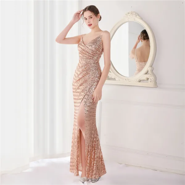 Sexy Beige Paillettes Robe De Soirée 2022 Trompette / Sirène Bretelles Spaghetti Sans Manches Dos Nu Longue Soirée Robe De Ceremonie