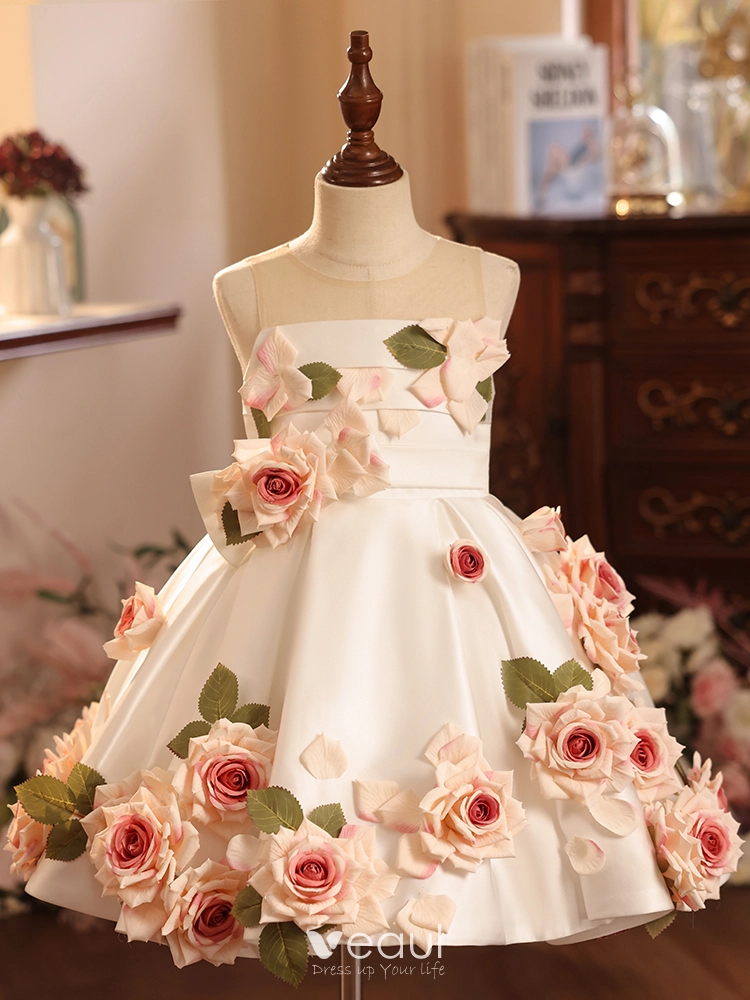 Flower Fairy Ivory Appliques Birthday Short Flower Girl