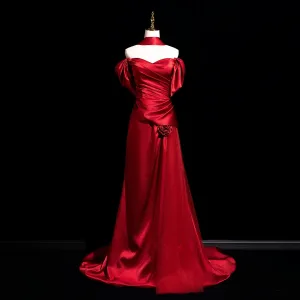 Sexy Burgundy Satin Evening Dresses 2025 A Line Princess Off The Shoulder Short Sleeve Backless Floor Length Long Formal Dresses