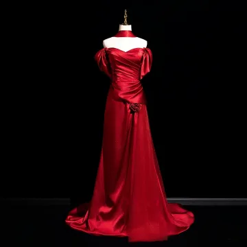 Sexy Bordeaux Satin Robe De Soirée 2025 Princesse De L Épaule Manches Courtes Dos Nu Longue Robe De Ceremonie