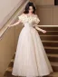 Fashion Candy Pink Appliques Sequins Prom Dresses 2025 A-Line / Princess Off-The-Shoulder Short Sleeve Backless Floor-Length / Long Prom Formal Dresses