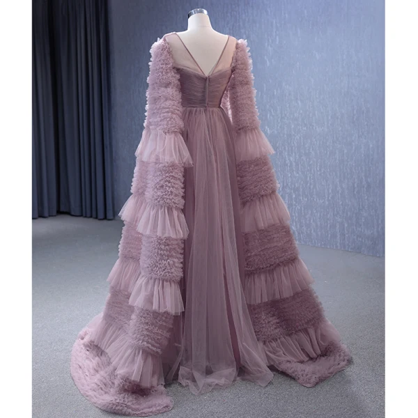 Haut de Gamme Rose Sombre Volants en Cascade Perlage Perle Faux Diamant Robe De Bal 2023 Princesse Encolure Carrée Manches Longues Dos Nu Train De Balayage Promo Robe De Ceremonie