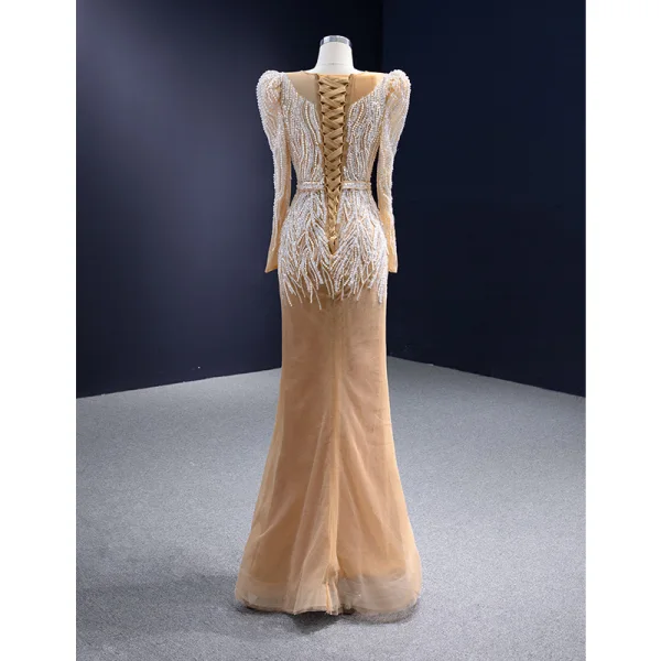 High-end Gold Handmade Beading Pearl Rhinestone Sequins Wedding Dresses 2023 Trumpet / Mermaid Scoop Neck Long Sleeve Court Train Wedding