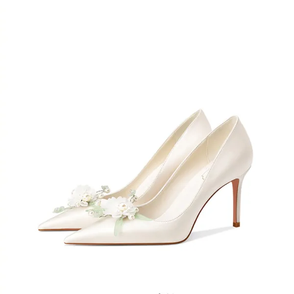 Chic / Beautiful Ivory Satin Pearl Flower Wedding Pumps 2022 Leather 8 cm Stiletto Heels Pointed Toe Pumps High Heels