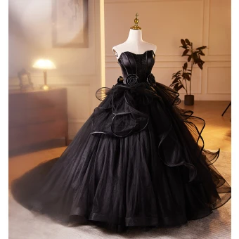 Fashion Black Appliques Cascading Ruffles Prom Dresses 2024 Ball Gown Strapless Sleeveless Backless Court Train Prom Formal Dresses