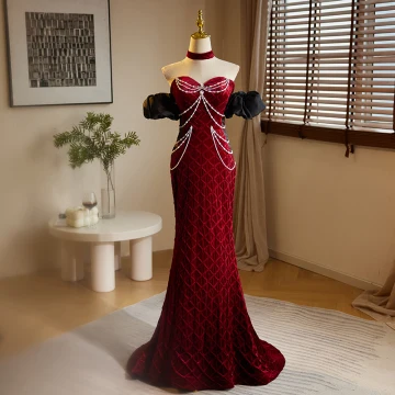 Chic Beautiful Burgundy Beading Pearl Rhinestone Prom Dresses 2024 Trumpet Mermaid Off The Shoulder Short Sleeve Backless Sweep Train Prom Formal Dresses