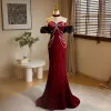 Chic / Beautiful Burgundy Beading Pearl Rhinestone Prom Dresses 2024 Trumpet / Mermaid Off-The-Shoulder Short Sleeve Backless Sweep Train Prom Formal Dresses