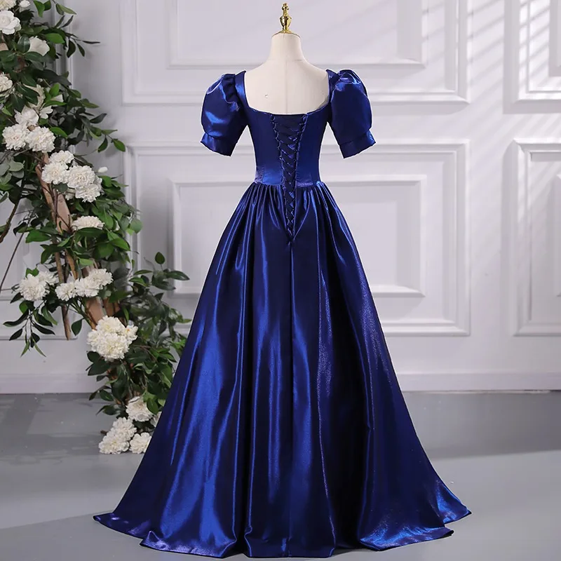 open lace back dress Royal Blue Contrast Turquoise Evening Dress with Overskirt SF012, Blue / 8