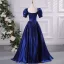 Vintage / Retro Royal Blue Satin Prom Dresses 2024 Ball Gown Square Neckline Short Sleeve Backless Floor-Length / Long Prom Formal Dresses