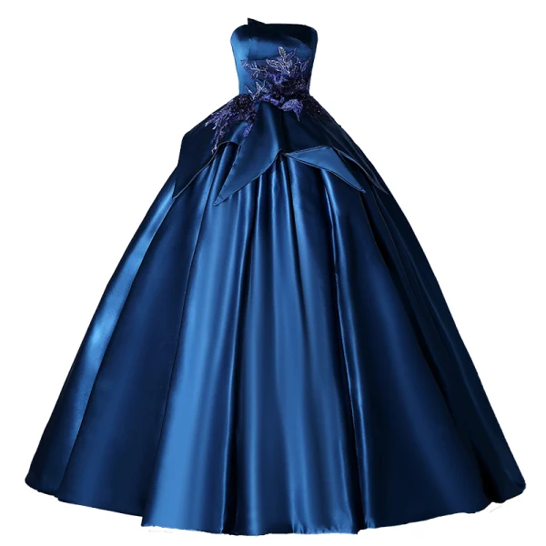 Vintage / Retro Navy Blue Satin Prom Dresses 2022 Ball Gown Strapless Pearl Lace Flower Sleeveless Backless Floor-Length / Long Formal Dresses