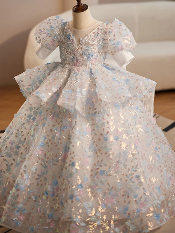 Fashion White Beading Sequins Appliques Birthday Flower Girl Dresses 2024 Ball Gown Scoop Neck Short Sleeve Backless Bow Floor-Length / Long